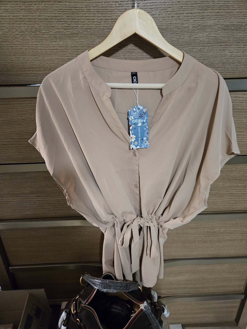 Beige Drawstring Button-Front Women’s Top